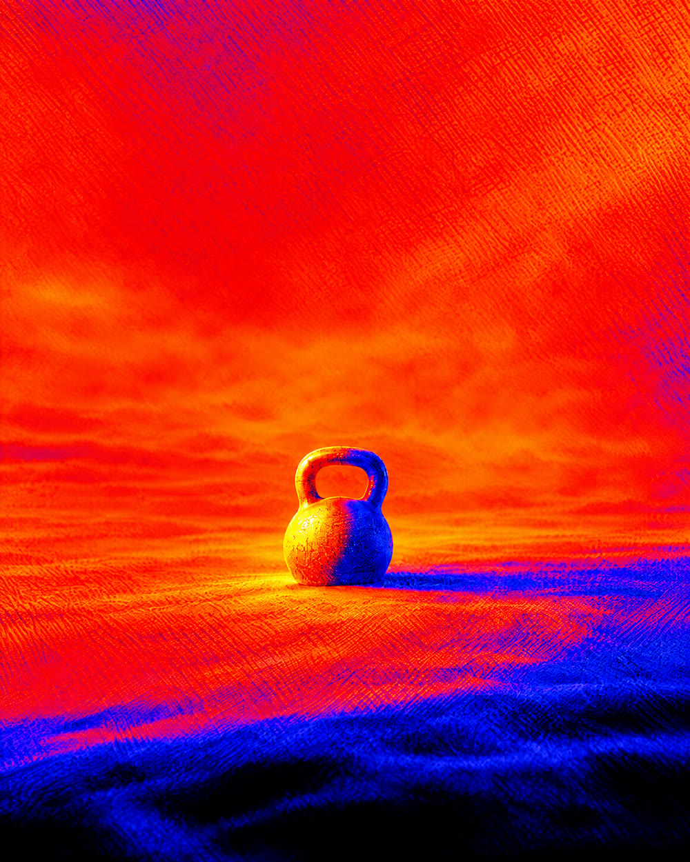 One iron kettlebell glowing in a red and blue heat-map landscape