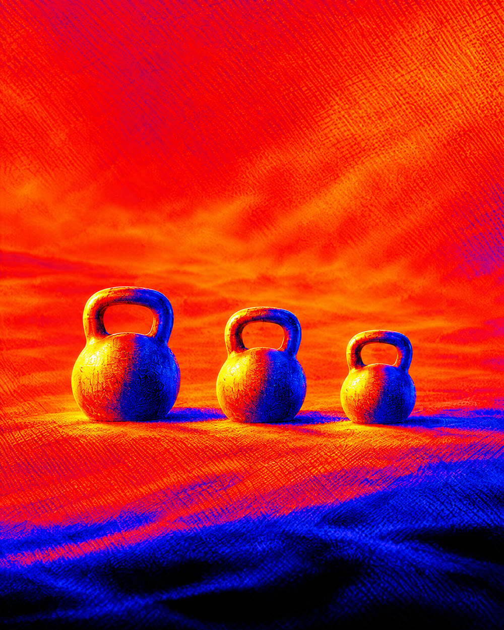 Three iron kettlebells in a row glowing in a red and blue heat-map landscape