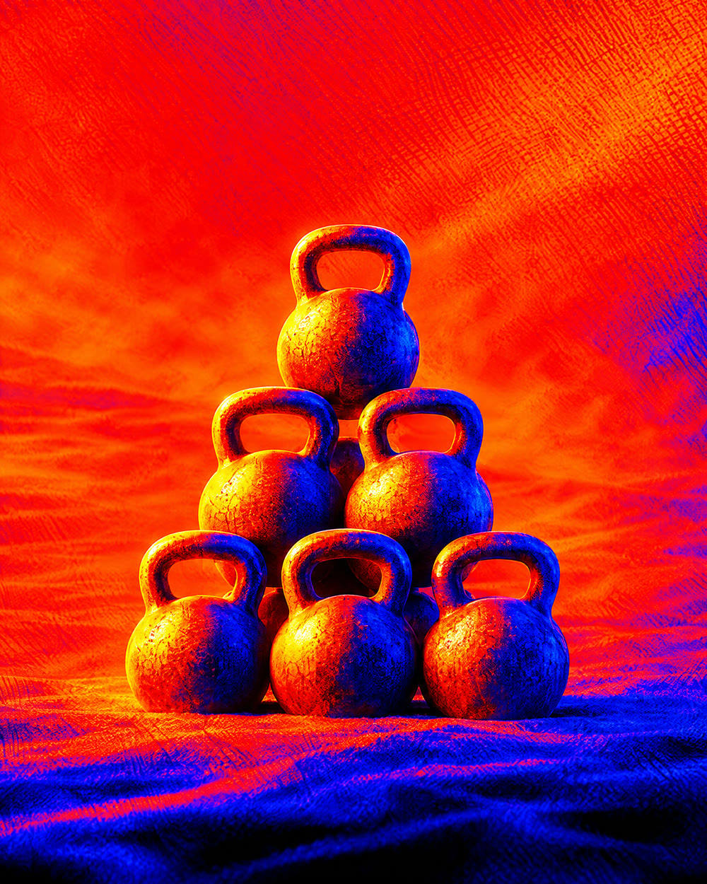 A pyramid of heavy iron kettlebells glowing in a red and blue heat-map landscape