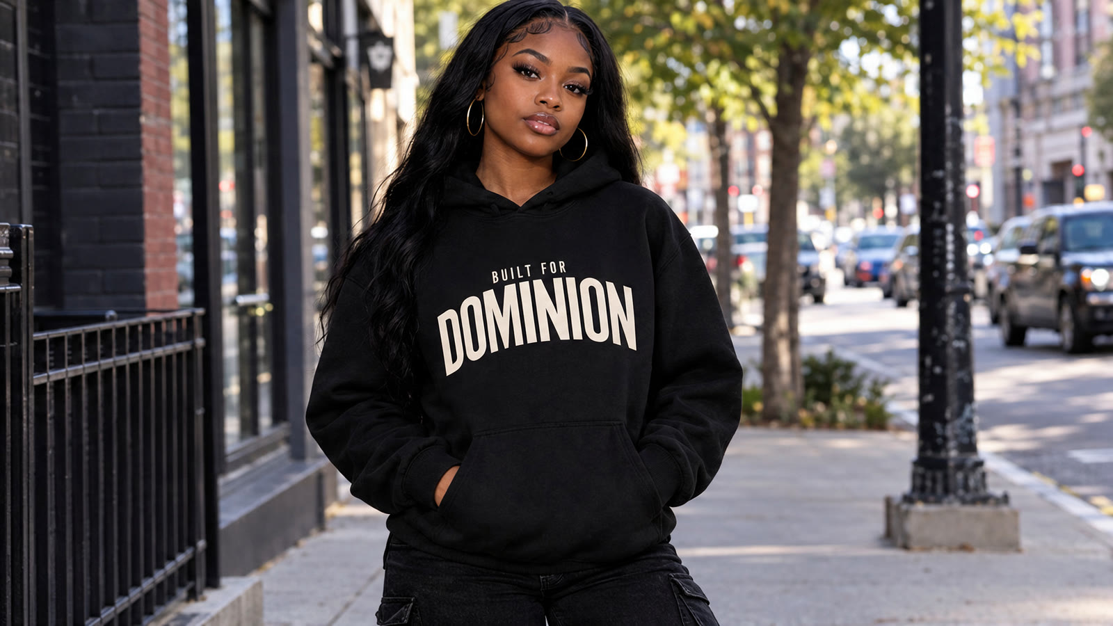 A woman in a black Built for Dominion hoodie on a city sidewalk