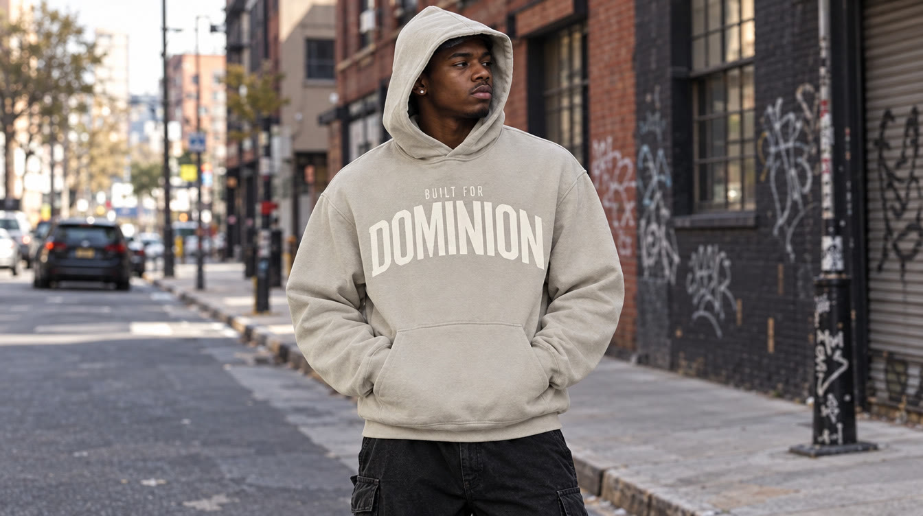A man in a tan Built for Dominion hoodie on a city street